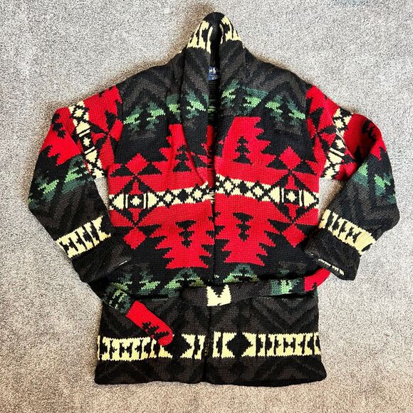 Polo Ralph Lauren Native Knit Wool Aztec Cardigan Tie Sweater M Indian VTG RARE - Picture 1 of 10